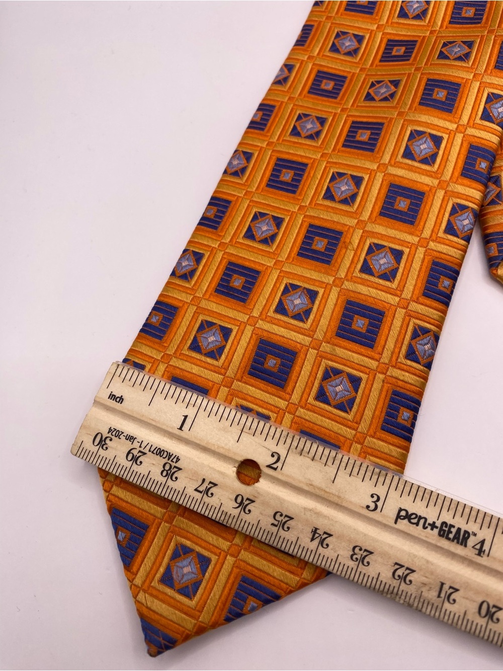 Ike Behar Orange and Blue Geometric Silk Tie - Picture 5 of 6